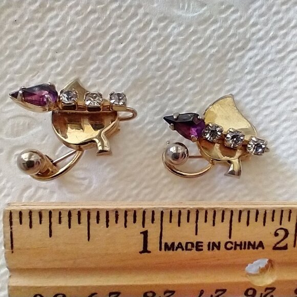 Vintage Brooch Scatter Pins (2) Rhinestones Candle Leaf Design Gold Tone Metal - Picture 7 of 8